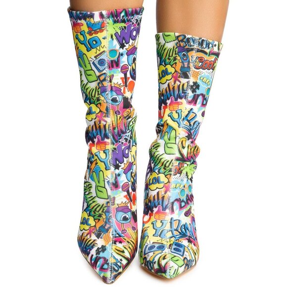 2 PC COMBO  BACK ON THE BLOCK  Heel Booties / HANDBAG  Graffiti ( BRAND NEW !! ) - Picture 3 of 7